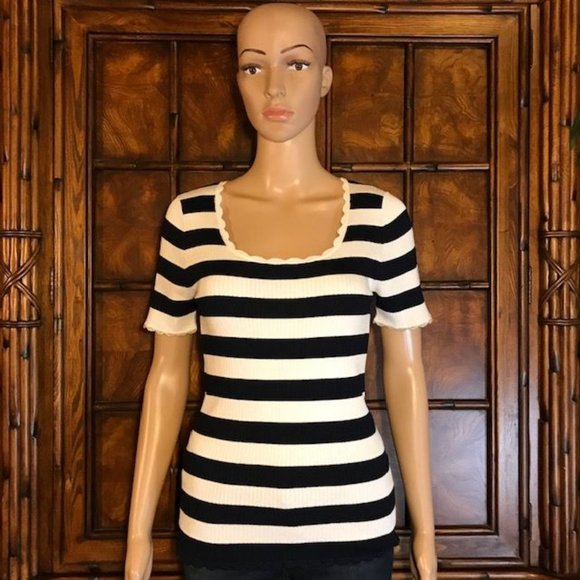 LOFT Scallop Gold Tip Sleeve Stripe Rib Knit Top - Picture 1 of 14